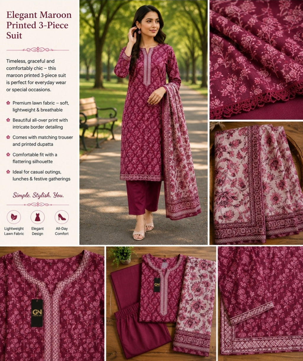 Elegant Maroon Printed 3-Piece Suit