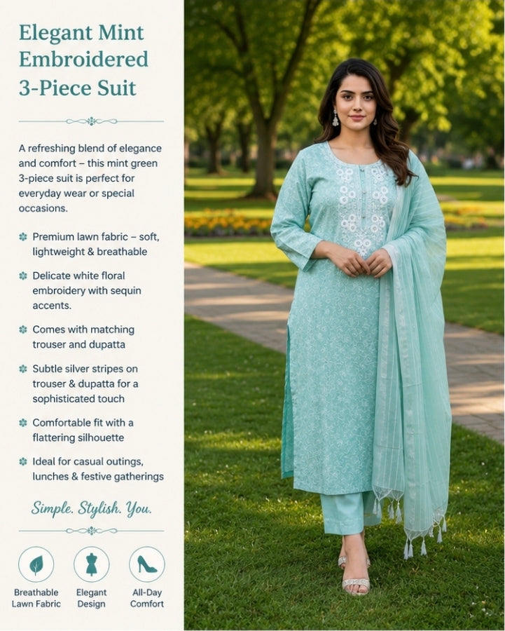 Elegant Mint Embroidered 3-Piece Suit