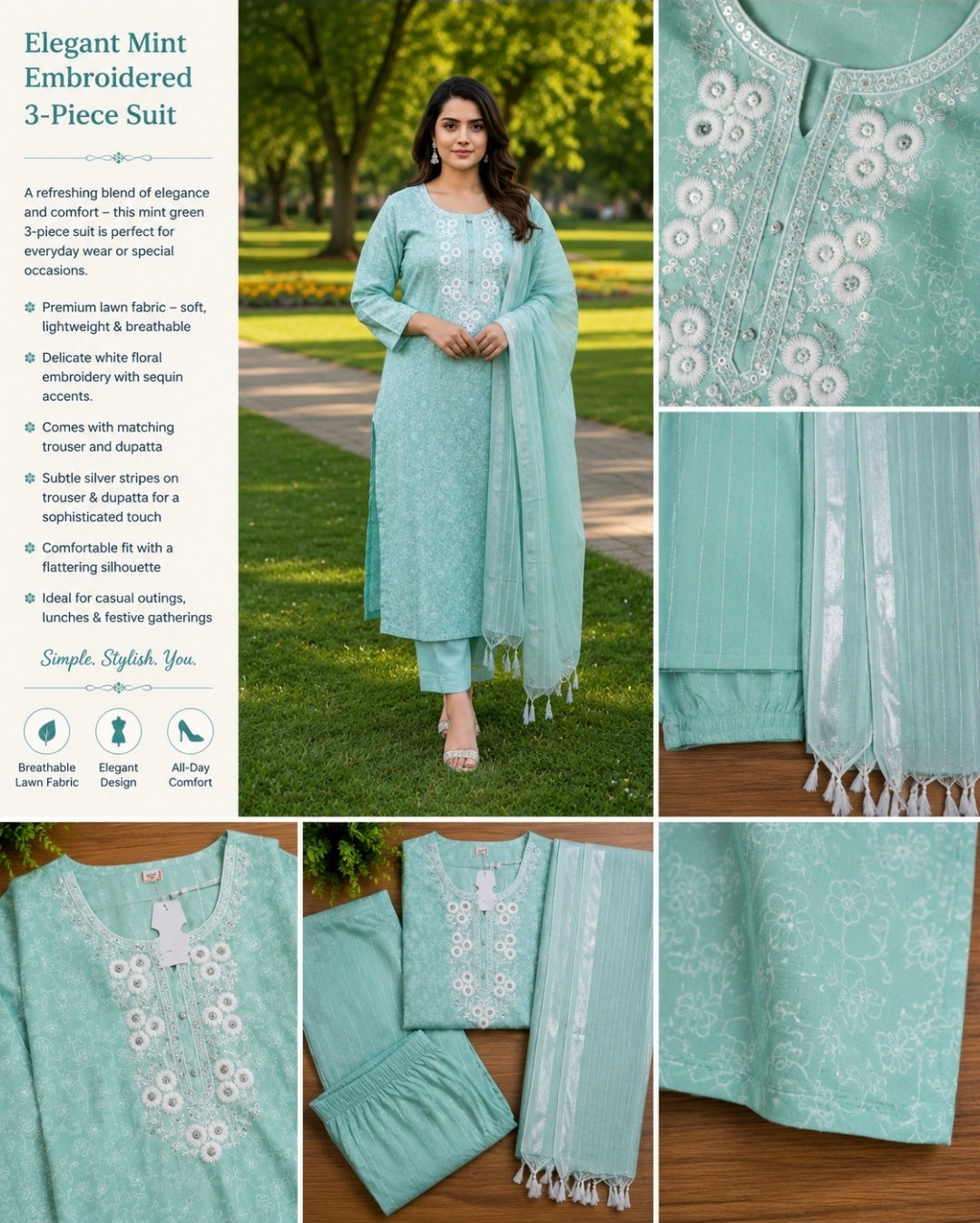 Elegant Mint Embroidered 3-Piece Suit
