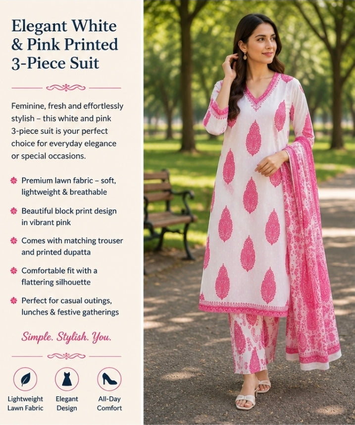 Elegant White & Pink Printed 3-Piece Suit