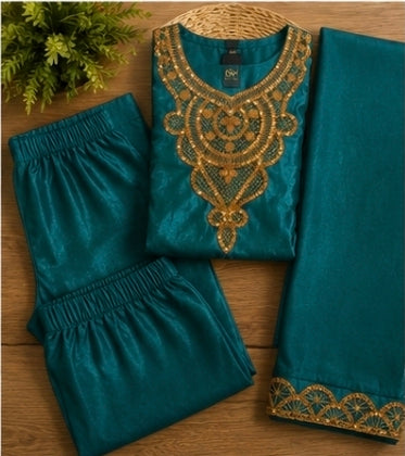 Elegant Teal Embroidered 3-Piece Suit