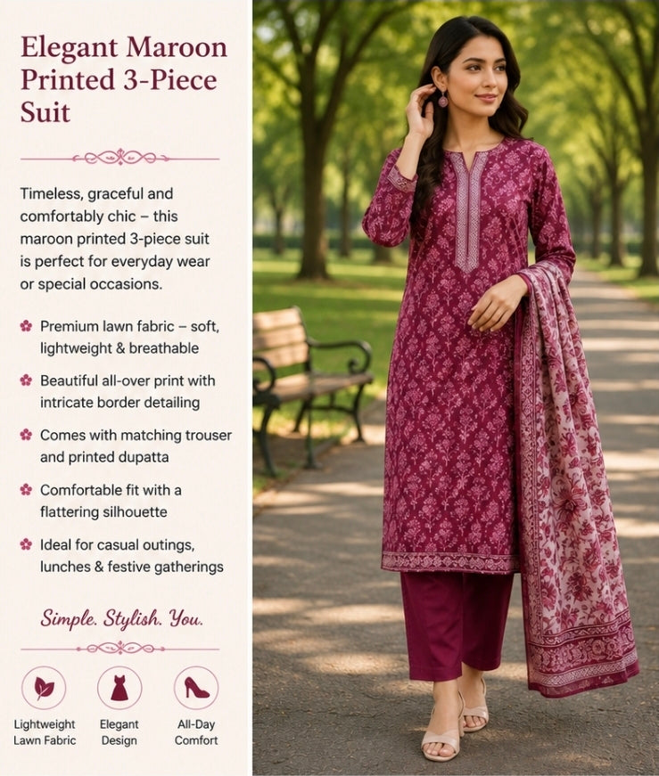 Elegant Maroon Printed 3-Piece Suit