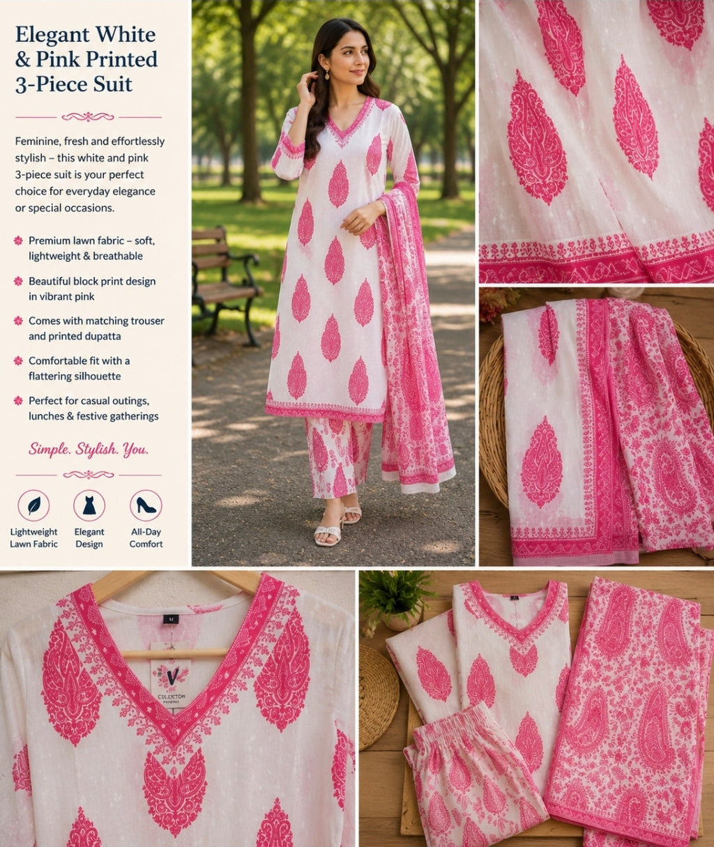 Elegant White & Pink Printed 3-Piece Suit