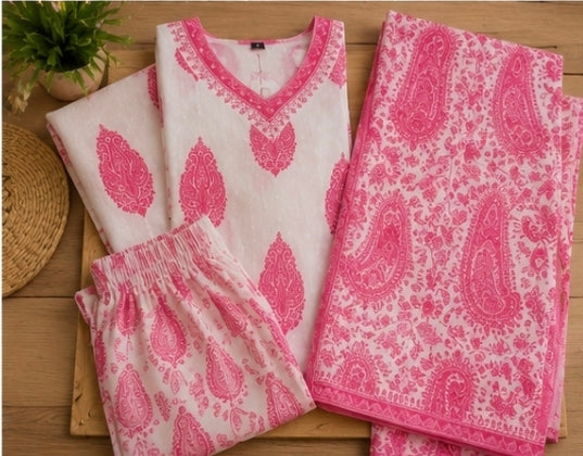 Elegant White & Pink Printed 3-Piece Suit