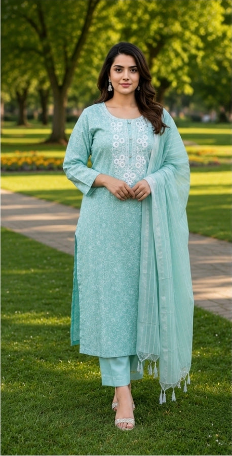 Elegant Mint Embroidered 3-Piece Suit
