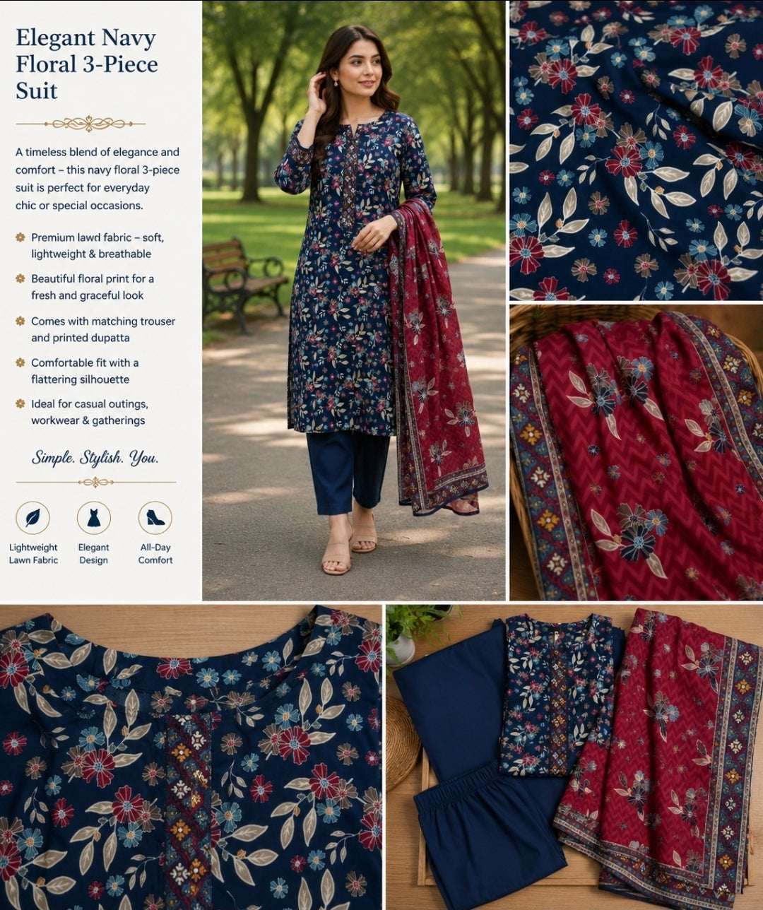 Elegant Navy Floral 3-Piece Suit