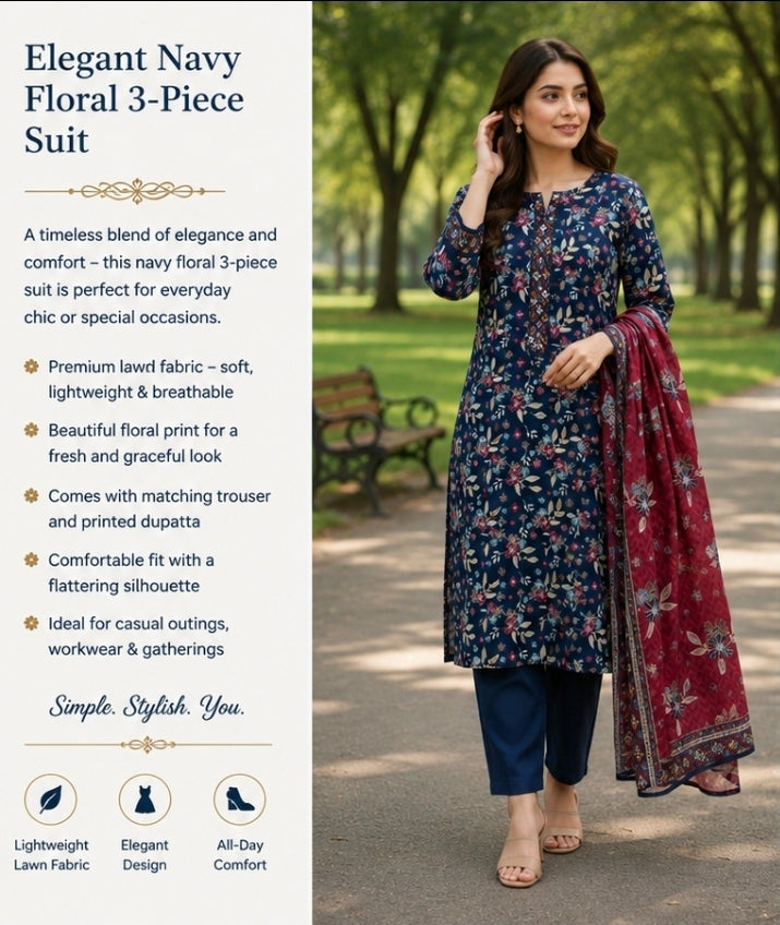 Elegant Navy Floral 3-Piece Suit