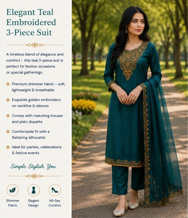 Elegant Teal Embroidered 3-Piece Suit