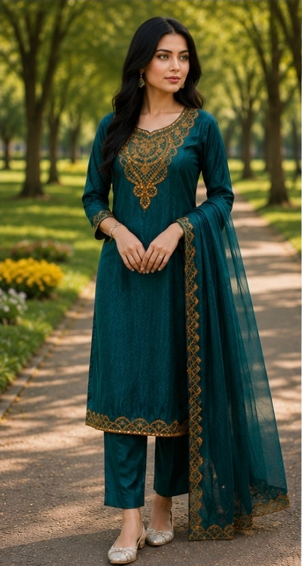 Elegant Teal Embroidered 3-Piece Suit